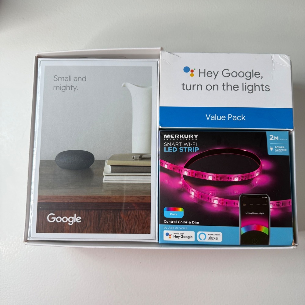 Google Nest Mini 2nd Gen and Merkury Smart Wi-Fi LED Strip Value Pack GA03121